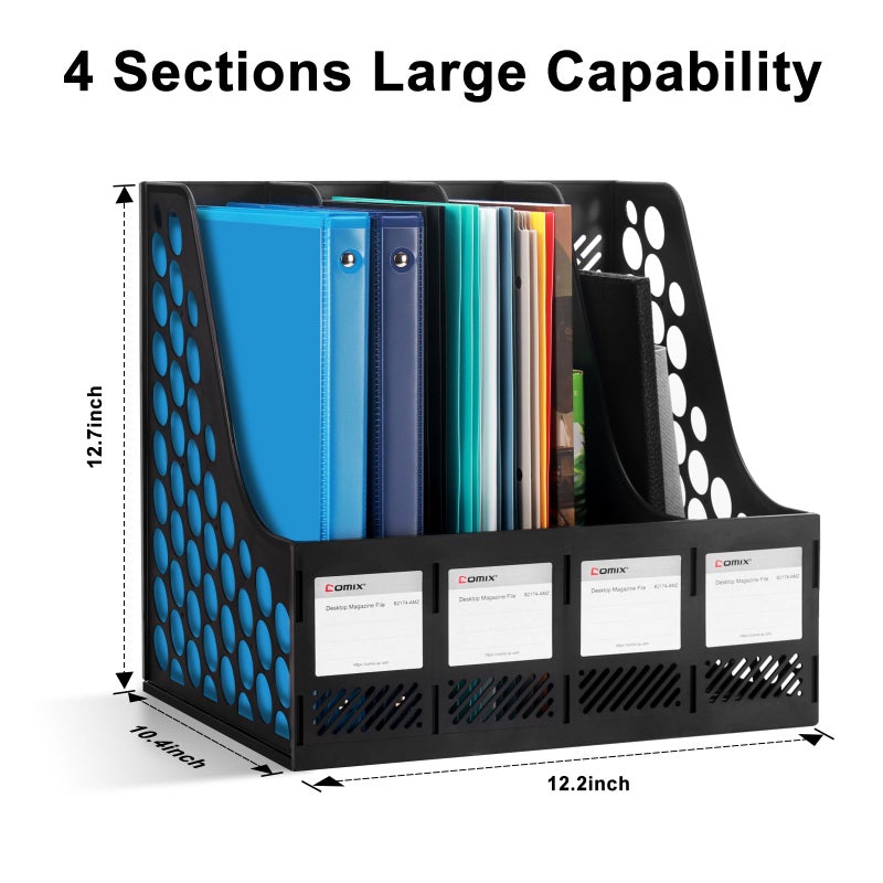 Comix Magazine File Holder Rack/Vertical Desktop File Organizer - Plastic Desk Organizer for Files, Folders, Books - 4 Compartment Binder Organizer - Black - Image 2